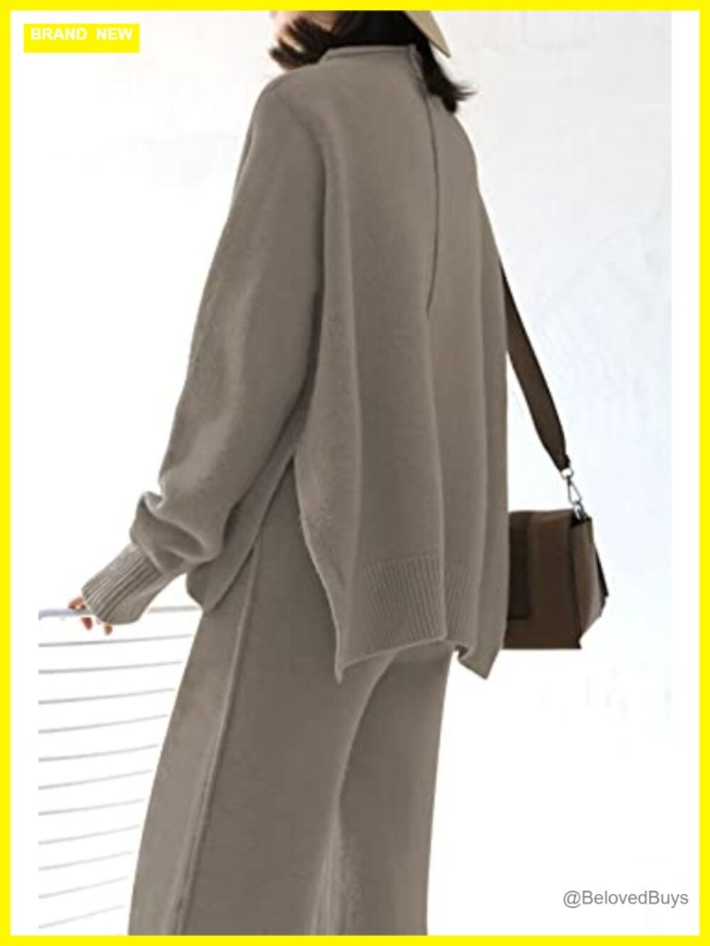 2 Piece Sweater Set High Neck Top Wide Leg Pants Loungewear - Picture 5 of 7